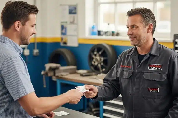 Local car garage owner exchanging business cards. -independent garage success tips