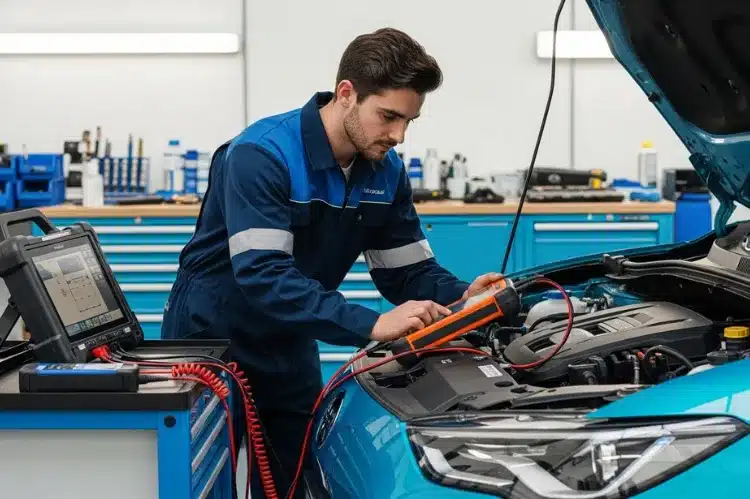 Mechanic working on an electric vehicle (EV) with diagnostic equipment.