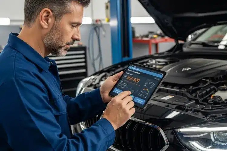 Mechanic using a tablet software in front of a car. -independent garage success tips