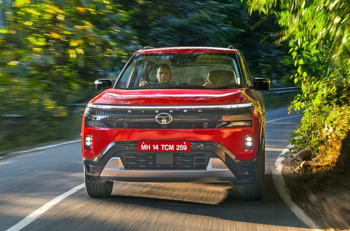 Tata Sierra turbo petrol front head on driving on road